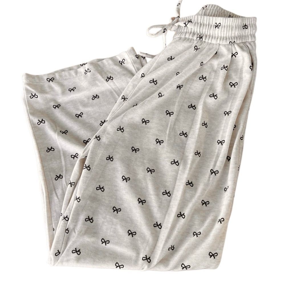 🌴 Bow Print Lounge Pants Women’s XL Soft Stretch Pajama Pants Cream Neutral - Picture 2 of 15